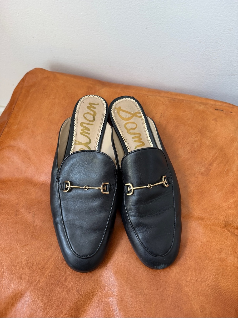 Sam Edelman Black Leather Backless Loafers with Gold Bit